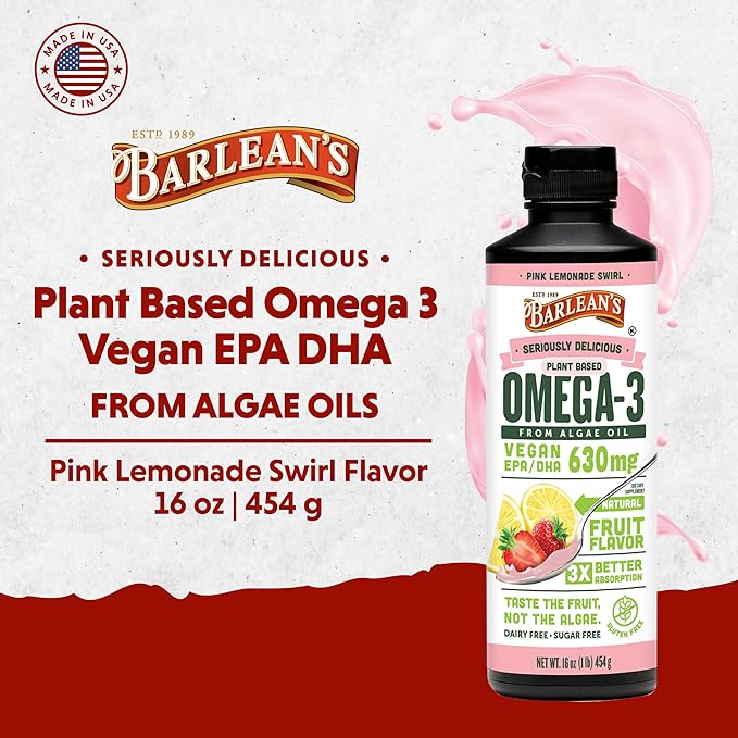 Barlean's Pink Lemonade Vegan Omega 3 Supplement, Liquid Algae Oil with 630 mg EPA & DHA, Plant Based Omegas from Algal Oil, Non-GMO & Gluten Free, 16 oz