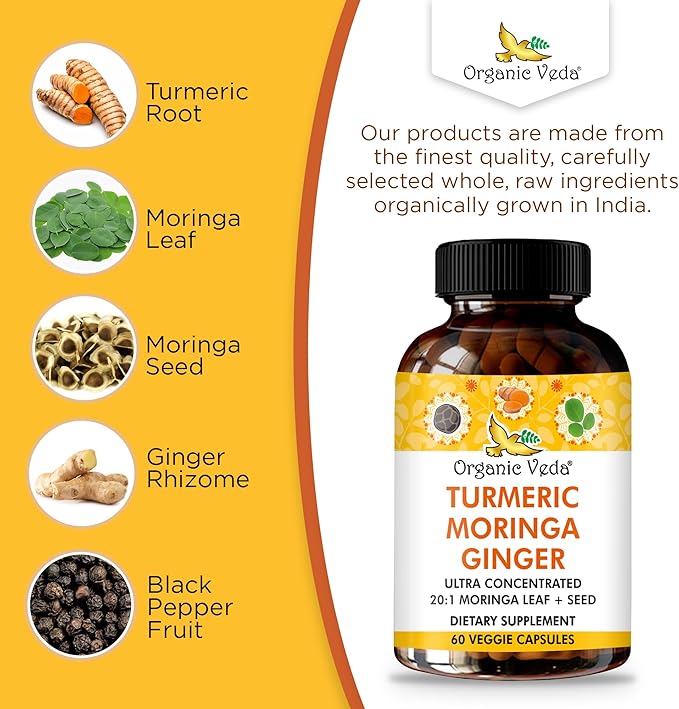 Organic Veda Turmeric Moringa Ginger Capsules - Super Antioxidants & Curcumin Supplement with 20:1 Moringa Leaf & Seed Extract, Black Pepper - Energy, Joints, Heart Health Support - 60 Vegan Pills