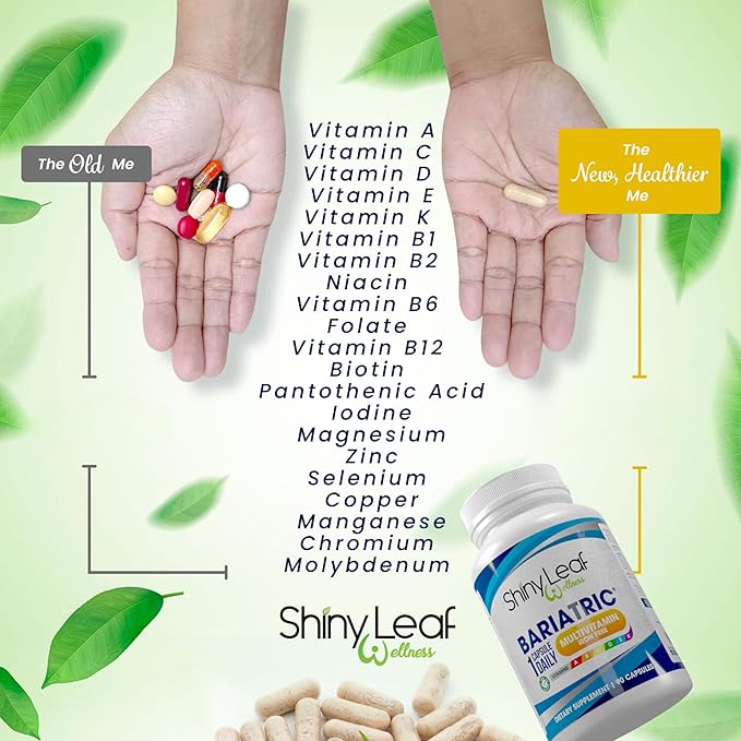 Shiny Leaf Bariatric Multivitamin Without Iron - Vitamins for Gastric Bypass & Sleeve, 1 Daily Capsule W Vitamin A, C, D, Biotin, Zinc, B12, K, Vegetarian, Soy-Free, GMP Cert., Made in USA (360 Ct.)