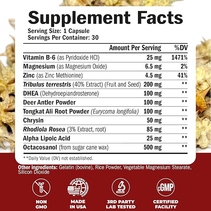 Tribulus Terrestris for Men with DHEA, Tongkat Ali, and Zinc – Testosterone Supplement for Men with Vitamin B6, Rhodiola Rosea – Libido Support, Muscle Builder, Male Enhancing Supplement - 30 Capsules