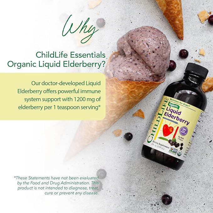 CHILDLIFE Essentials Organic Elderberry Syrup for Kids - Liquid Elderberry for Toddlers, Elderberry Extract Drops, Tincture for Babies, Toddlers, Children - 4 Fl Oz