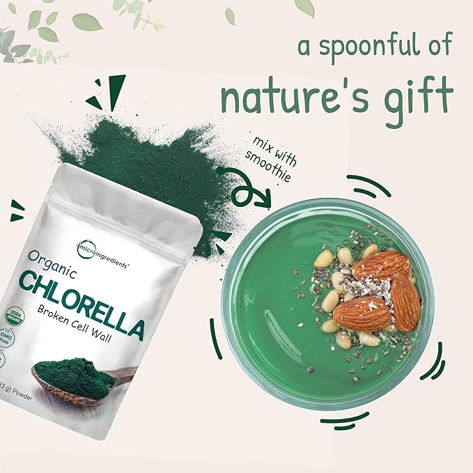 Micro Ingredients Organic Chlorella Powder, 10 Ounce, Broken Cell Wall, Rich in Vegan Proteins & Vitamins, Raw, Bulk Premium Chlorella Supplement, Vegan Friendly, Non-Irradiation