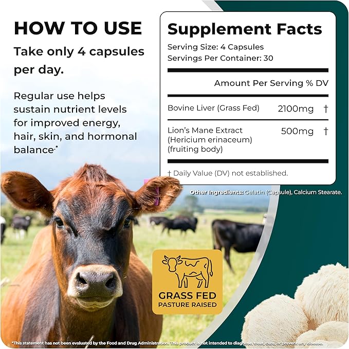 Natural Energy & Focus for High Performing Professionals w/Grass Fed Beef Liver Capsules w/Lions Mane | Grassfed Beef Liver Supplement Supports Full Body Wellness & Iron Levels | 30 Serving-120 Cnt