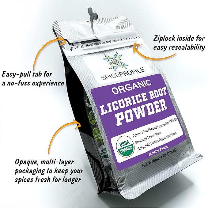 Spice Profile USDA Organic Licorice Root Powder, Lab Tested for Heavy Metals, Resealable 4oz Pouch, Mulethi, Regaliz en Polvo
