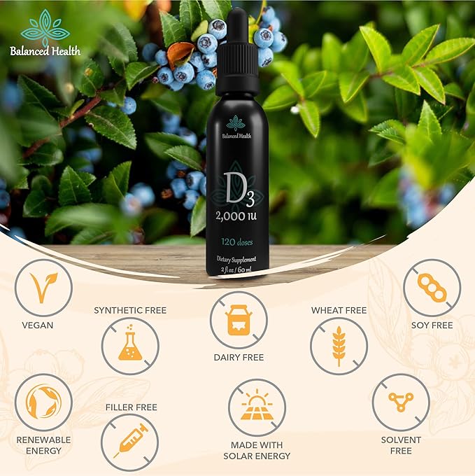 Balance Health D3 2,000 IU, 2 Fl Oz, 120 Doses, Blueberry Flavor, Liquid Vitamin D Drops w MCT Oil for Faster Absorption, Non GMO Vegetarian Safe