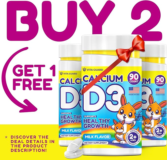 Calcium D3 Chewable Tablets for Kids โ 640 mg Calcium & 320 IU Vitamin D3 โ Non-GMO, Milk Flavor โ Bone & Teeth Support Supplement โ 90 Tablets for Ages 2+