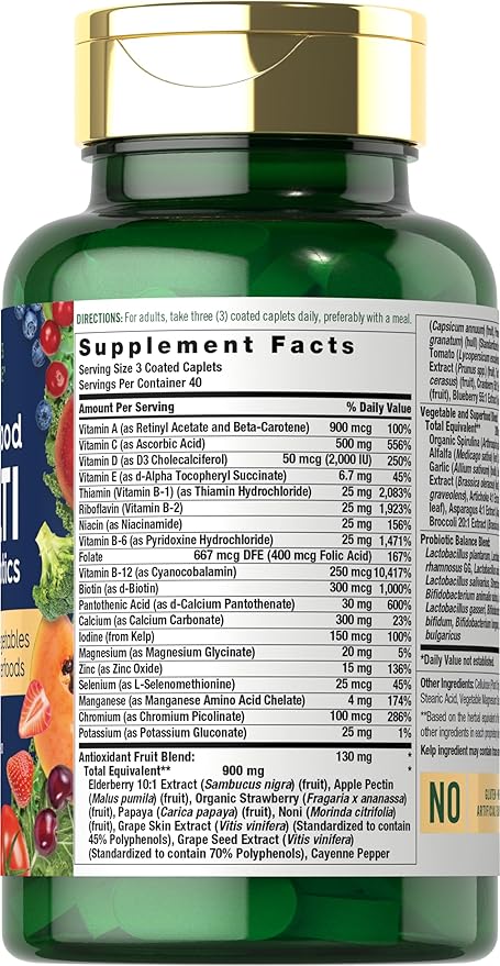 Nature's Fortune Whole Food Multivitamin with Probiotics | 120 Coated Caplets | Made with 20 Fruits and Vegetables | Non-GMO & Gluten Free Supplement