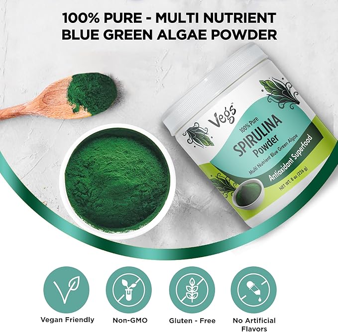 Organic Spirulina Powder - Blue Green Algae Plant-Based Superfood Blend - Antioxidant-Rich with Chlorophyll, Vitamins & Minerals for Cleansing, Energy & Immunity Support - Vegan, Non-GMO - 8 oz