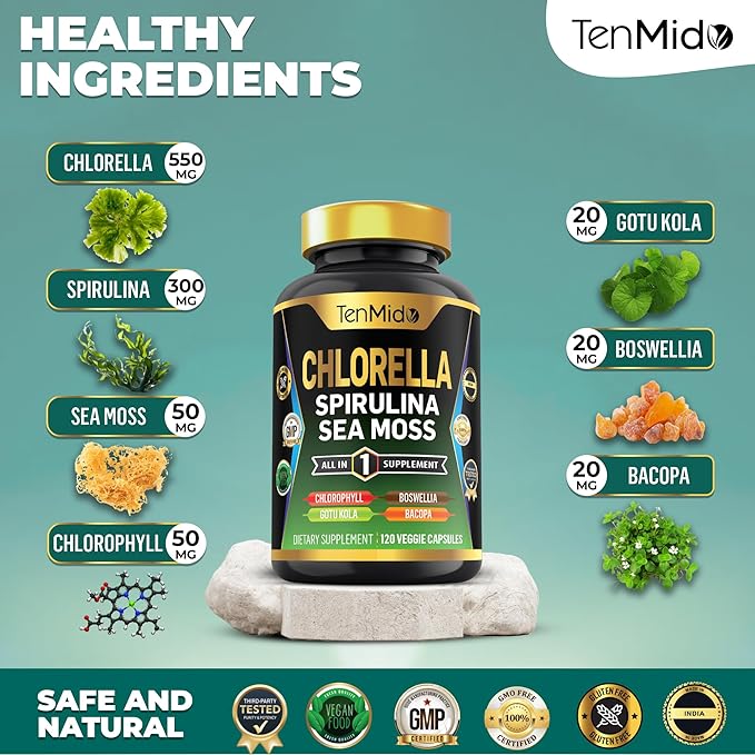 Organic Chlorella Supplement for Men and Women, 7in1 Formula with Spirulina, Sea Moss, Chlorophyll, Gotu Kola, Boswellia & Bacopa - Immune Support - Rich in Nutrient, Vitamins - 120 Capsules