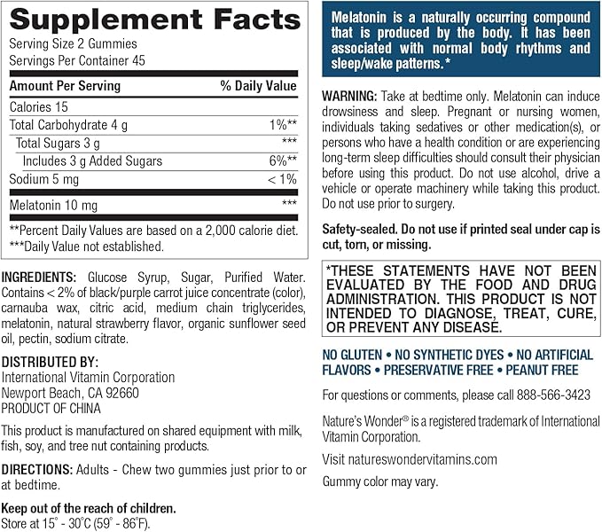 Nature's Wonder Drug-Free Melatonin 10 mg Gummies for Adult Sleep Health, 100% Drug Free Sleep aid, Promote Healthy Sleep and Wake Rhythm and Patterns, 45 Day Supply, 90 Count