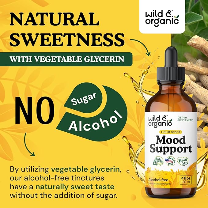 Wild & Organic Mood Support Supplement - Natural Liquid Drops for Positive Energy - Calm Mind Supplement for Women and Men - Non-Alcohol Ashwagandha & Rhodiola Rosea Root Tincture for Good Mood - 4 oz