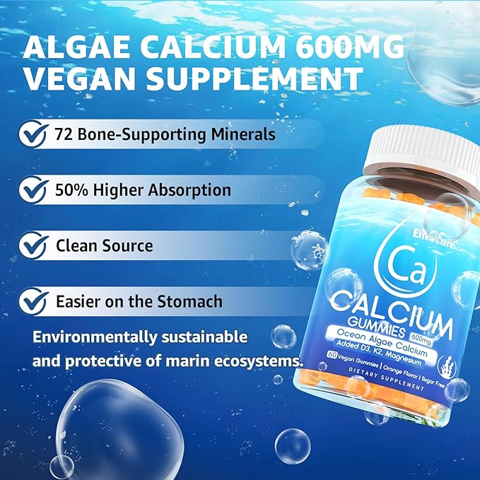 Calcium Gummies 600mg - Calcium Supplement for Women, Ocean Algae Calcium | Vitamin D3, K2, Magnesium | for Bone Strength, Muscle & Immnue | Sustainably Sourced Algae Calcium, 70+ Mineral, Vegan,2PACK