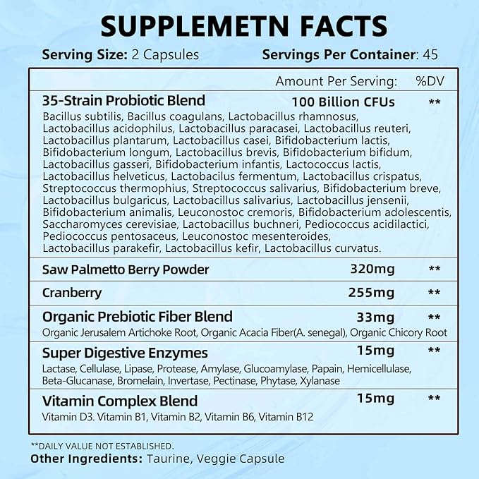 ZEBORA Probiotics-for-Men 100 Billion CFU, Men's Probiotics for Gut Health, Prebiotics + Enzymes + Saw Palmetto + Cranberry, Daily Probiotic Supplement for Digestive Health, Prostate, 89 Caps