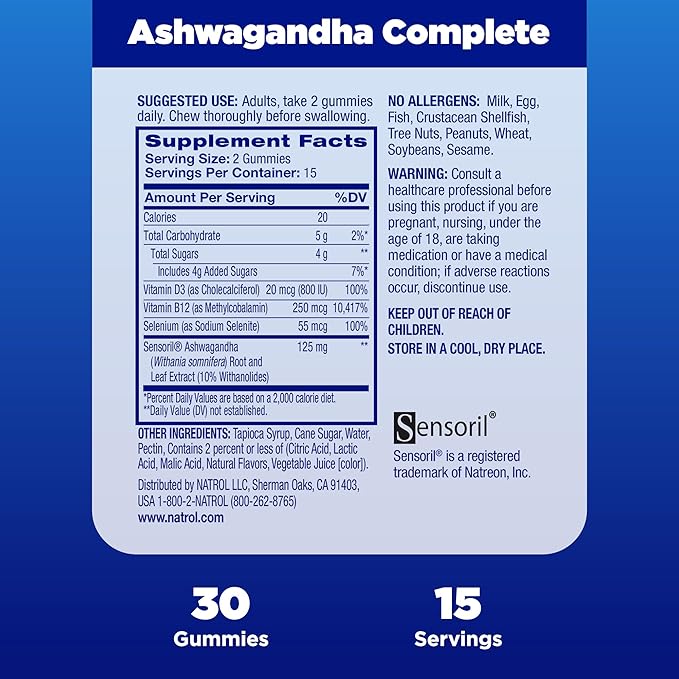 Natrol Ashwagandha Complete Gummy, 3-in-1 Daily Stress Support, Supports Better Mood, Reduces Occasional Stress and Fatigue, 30 Gummies, Up to a 15 Day Supply