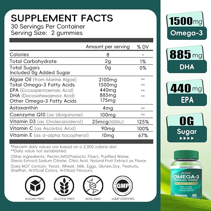 2 Pack Vegan Omega 3 Gummies 1500mg, Algae Omega 3 Supplements DHA 885mg & EPA 440mg, with Coq 10,Vitamin E,C,D3 for Brain,Eye Support, Fish Oil Supplements Alternative, Sugar Free, 120 Counts