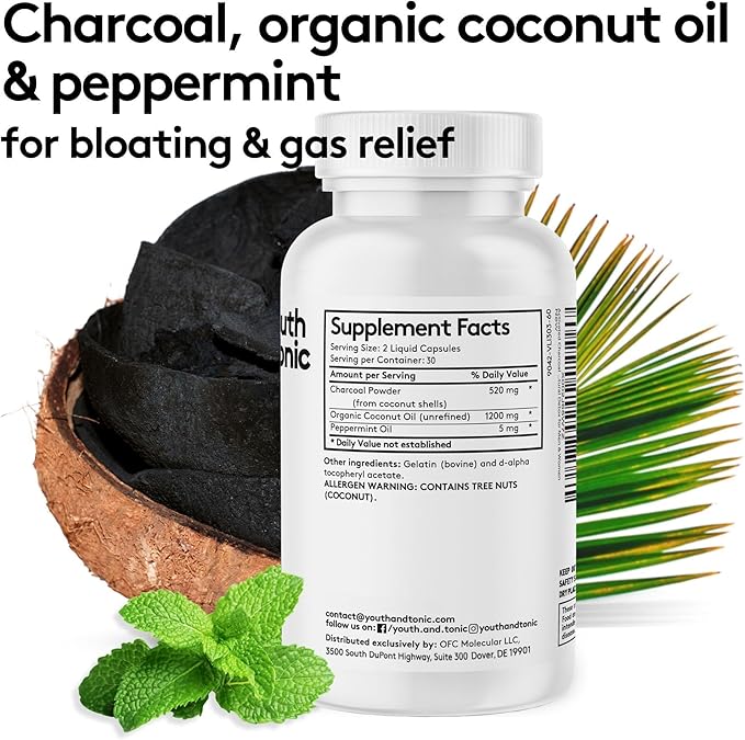 Youth & Tonic Activated Charcoal Pills for Bloating and Gas Relief to Soothe The Stomach and Digestive System Detox with Peppermint & Organic Coconut Oil, for Men & Women - 60 Liquid Capsules