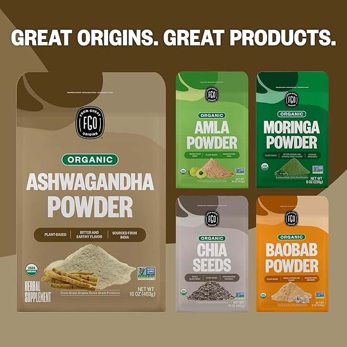 FGO Organic Ashwagandha Root Powder, 32oz Resealable Bulk Bag, Non-GMO, Indian Ginseng, Withania Somnifera, Sourced from India (Pack of 1)