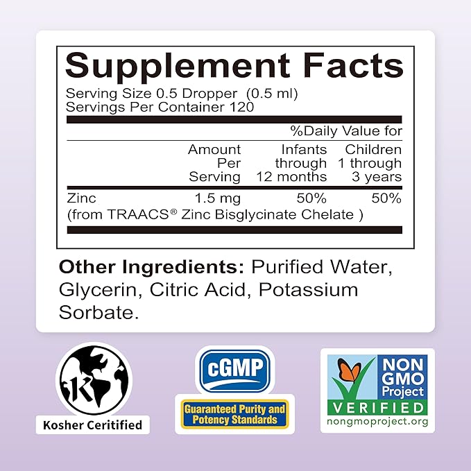 Nature's Nutra Happy Zinc, Premium Liquid Zinc for Baby, Infant, Kids and Children, TRAACS Chelate Zinc, High Bioavailability, Non-GMO, Kosher, 2 Fl. Oz (60ml)