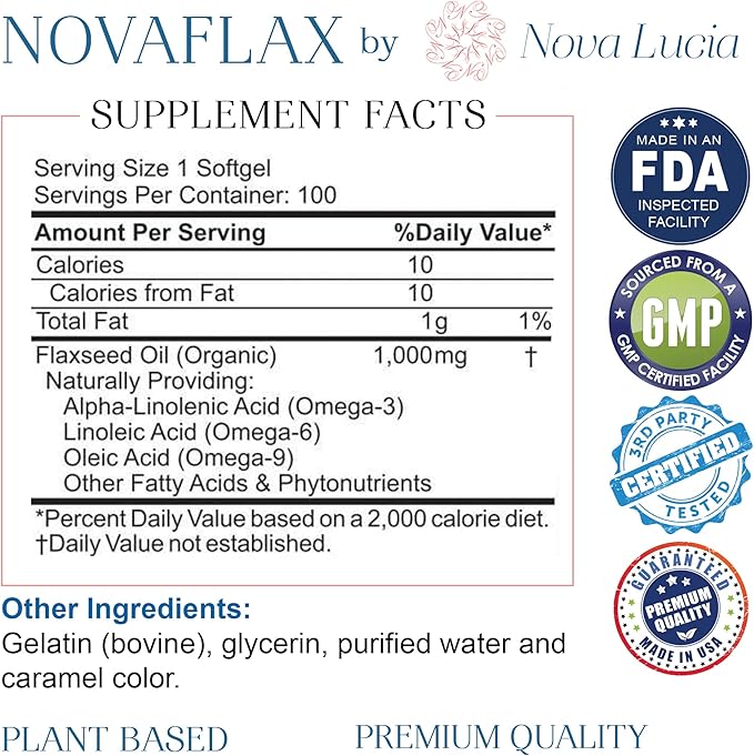 Natural Organic Flaxseed Oil 1,000 mg, Essential Omega 3 6 9 Natural ALA Healthy Hair Skin and Nails Gluten Free, Non-GMO, Hexane Free 100 Liquid Softgels
