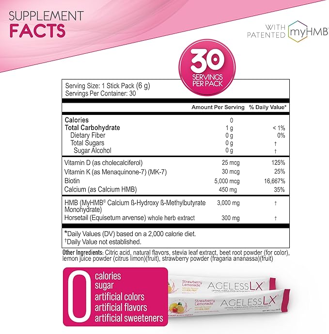 Powder Supplement for Women - with HMB Collagen Enhancer Plus Vitamin D3 with K2, Horsetail and Biotin for Lean Muscle and Stronger Hair and Nails - 30 Powder Packets Strawberry Lemonade