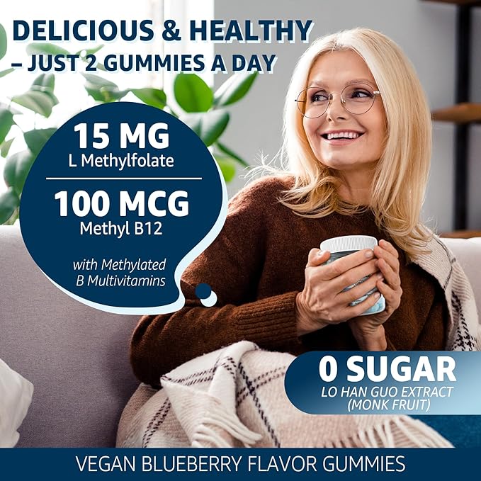L-MethylFolate 15mg & Methyl B12 Gummies, Methylated B1, B2, B6 Multivitamins - Active 5-MTHF & High Absorption - Supports MTHFR Gene, Cognition, Homocysteine Levels, Folate Metabolism, Vegan, 60 Cts