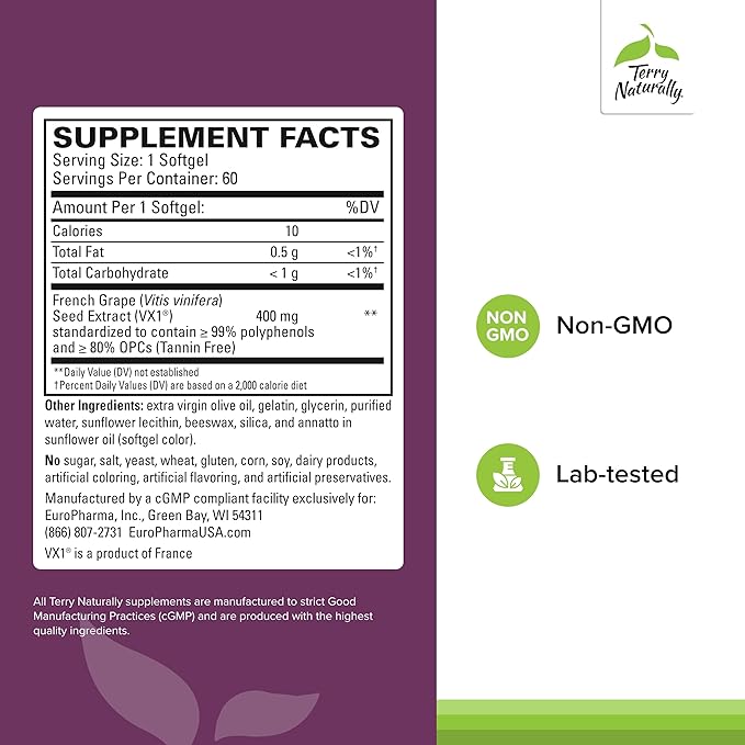 Terry Naturally Clinical OPC Extra Strength - Cardiovascular Health & Focus Support - Supplement with Grape Seed Extract - Immune Support Supplement - 60 Softgels (Pack of 3)