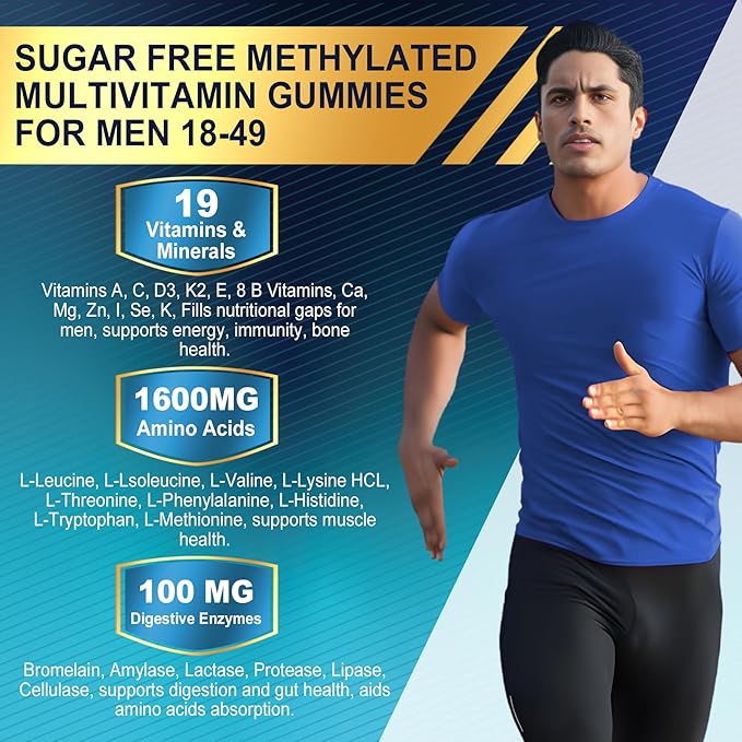 Methylated Multivitamin for Men Gummies, BCAA Amino Acids, Zinc, Vitamin A C D3 E K2 B6 B12 Biotin Calcium, Magnesium, Lycopene, Digestive Enzymes - Energy Muscle Immunity - Sugar Free, Vegan, 60 Cts