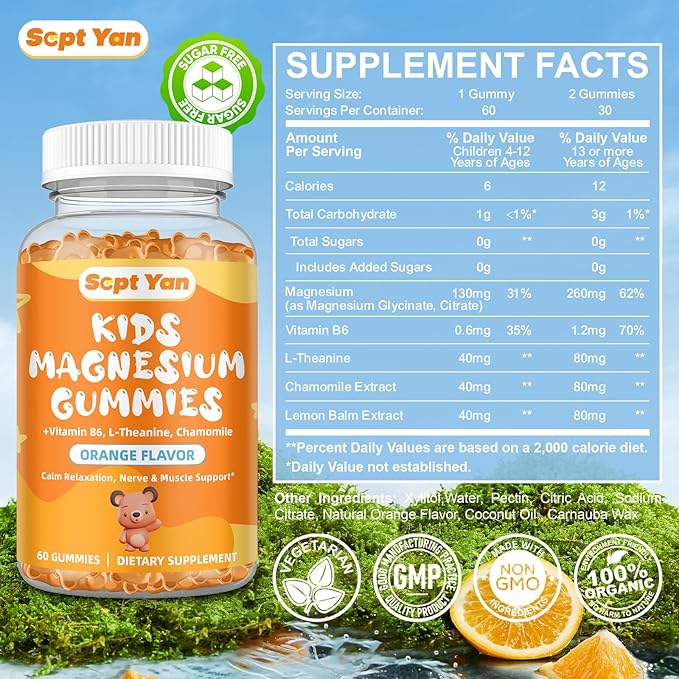 Kids Magnesium Gummies - Magnesium Glycinate Citrate Gummies Supplement for Kids & Adults with Vitamin B6, L-theanine - Calm Magnesium for Sleep Stress Relaxation Bones, Sugar Free Orange Flavor 60ct