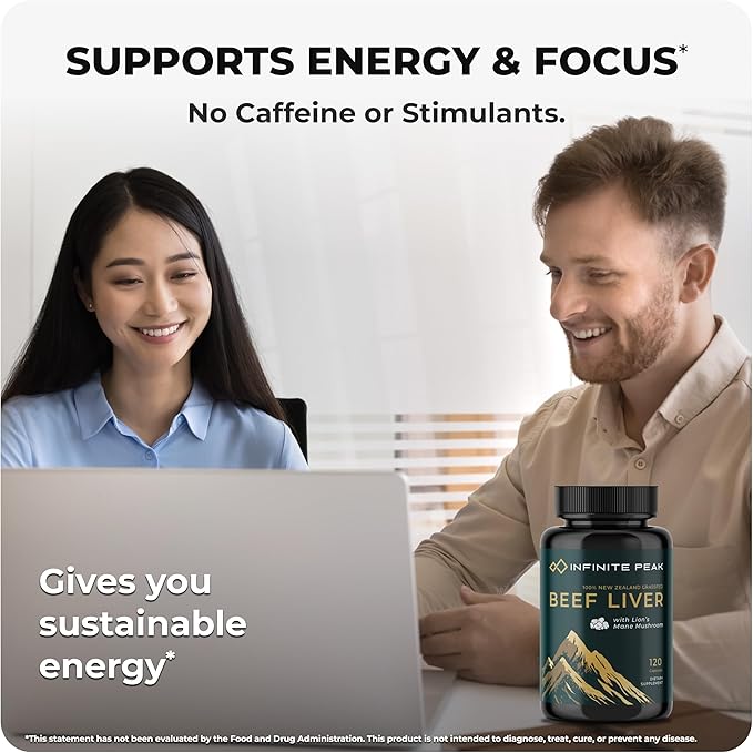 Natural Energy & Focus for High Performing Professionals w/Grass Fed Beef Liver Capsules w/Lions Mane | Grassfed Beef Liver Supplement Supports Full Body Wellness & Iron Levels | 30 Serving-120 Cnt