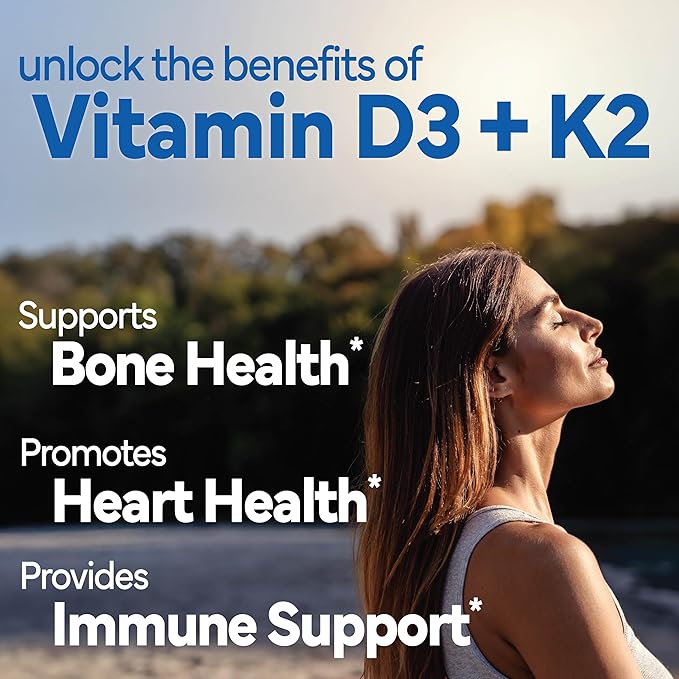 Vitamin D3 with Vitamin K2, D3 2000 IU with K2 100 mcg for Healthy Muscle Function, Bone Health and Immune Support, Vitamin D3 K2, 60 Tablets