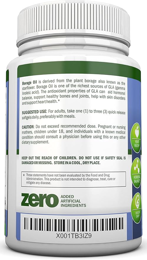 Borage Oil - 1000 mg - 180 Softgels - Cold Pressed High GLA Borage Seed Oil - Hexane and PA Free - Great for Skin, Hair and Bones.