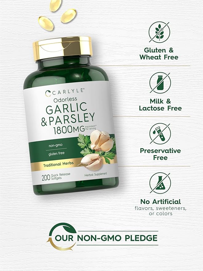 Carlyle Odorless Garlic & Parsley 1800mg | 200 Softgels | Non-GMO, Gluten Free Supplement