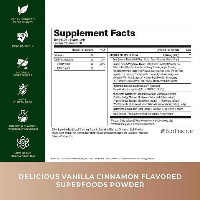 Nutrology Greens & Fruits Powder-Naturally Sourced Superfood, Vanilla Cinnamon (30 Servings) BCAA Natural, Plant Based BCAA Powder, Lemonade Flavor (30 Servings)