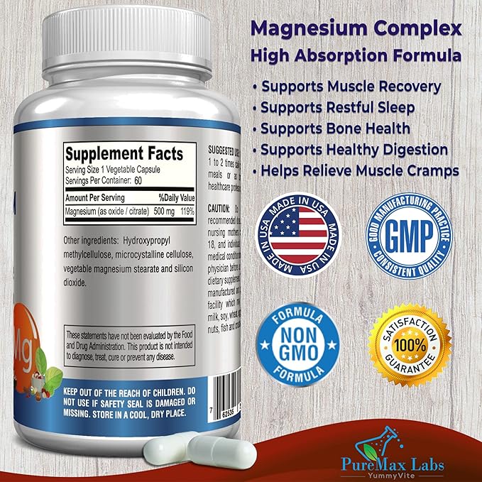 High Absorption Magnesium Citrate Complex 500mg Magnesium Citrate & Oxide – Supports Calm Sleep, Muscle Cramp Relief, Muscle Recovery, Healthy Teeth & Bones, Non-GMO – 60 Vegetable Capsules