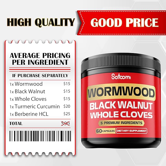 Satoomi 5 in 1 Wormwood Capsules Supplement - Extracted from Black Walnut, Whole Cloves, Turmeric and Berberine HCl - Immune System & Digestion Health - 60 Capsules