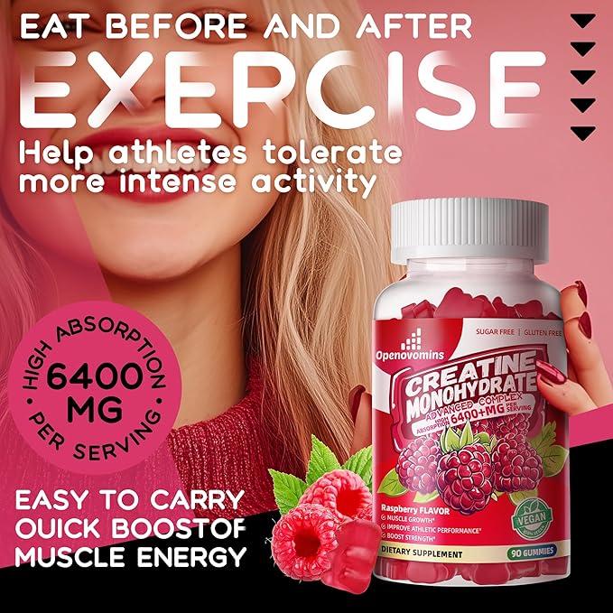 Creatine Monohydrate Gummies Complex 6400mg for Men & Women -Advanced Formula W/L-Taurine + Vitamin B12, Sugar Free Chewable Supplement,90 Raspberry Gummies