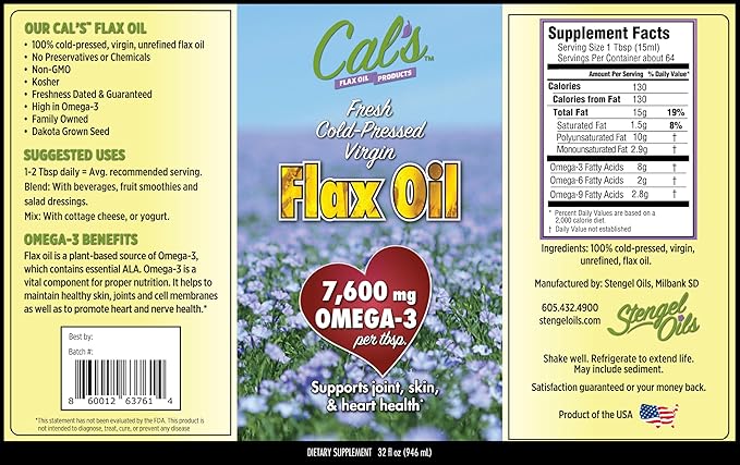 Cal's Flax Oil, Cold Pressed Flax seed, High in Omega 3 Fatty Acid, Unrefined Flax Seed Oil, Pure Flax Seed Oil Liquid Supplement for Joint, Skin, and Heart Health Support - 32 oz