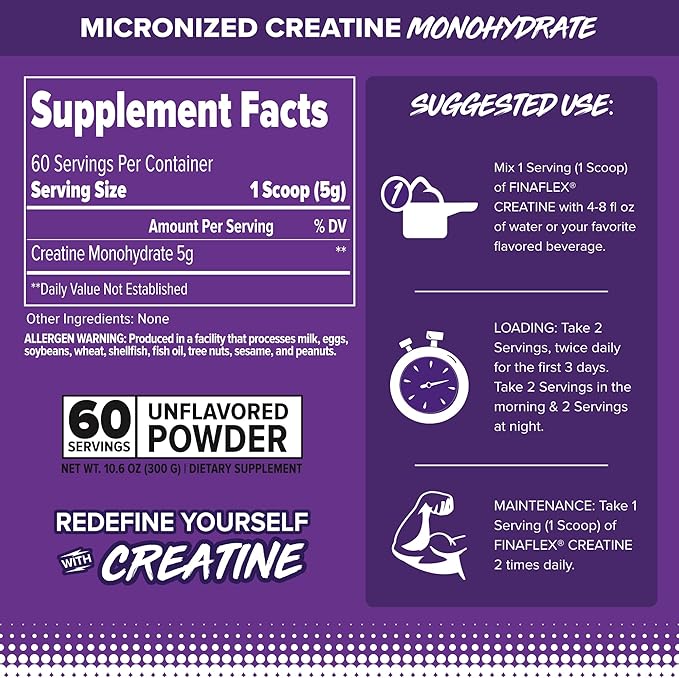 FINAFLEX Pure CREATINE, Unflavored - 10.6 oz, Pack of 2 - Promotes Muscular Strength, Size & Performance - 100% Pure, Micronized Creatine Monohydrate - 120 Total Servings