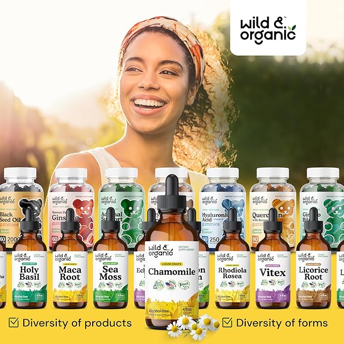 Wild & Organic Chamomile Flowers Tincture - Calming Supplement for Relaxation - Chamomile Extract Liquid Drops - Vegan, Sugar & Alcohol-Free - 4 fl oz
