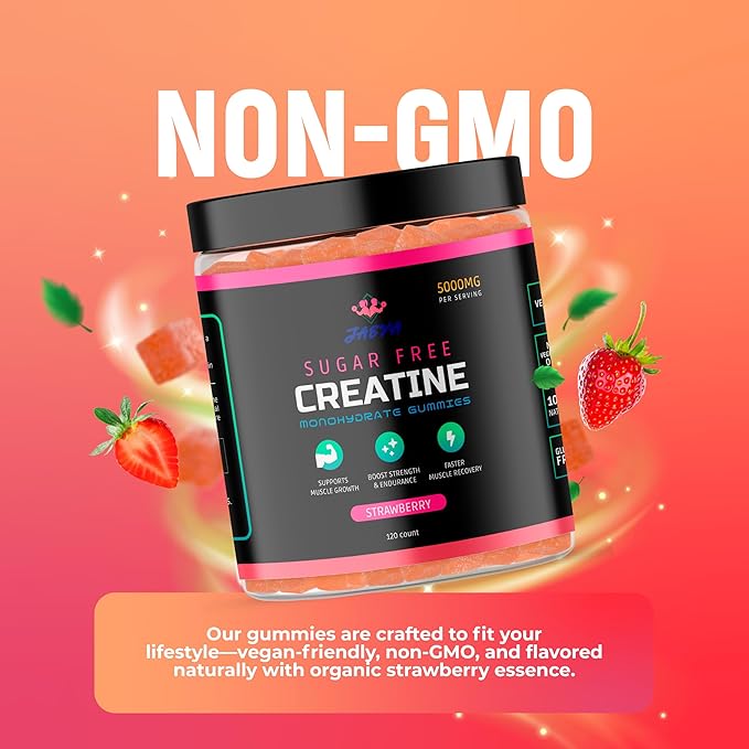 Sugar Free Creatine Monohydrate Gummies 5g, 5000mg for Men & Women, Strawberry - 120 Count, Pre Workout Chews for Energy Boost, for Building Muscle and Strength, Vegan, Non-GMO, Java