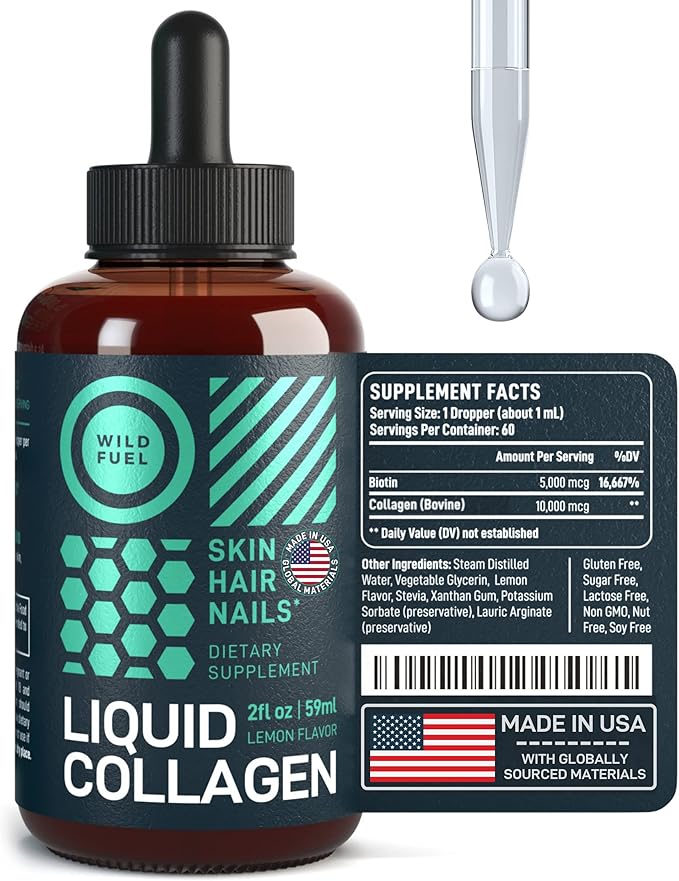 WILD FUEL Liquid Collagen Peptides with Biotin Vitamins for Hair Skin and Nails - 10,000mcg Liquid Collagen for Women and Men 5,000mcg Biotin - Lemon Flavor, 2-Month - 2 oz