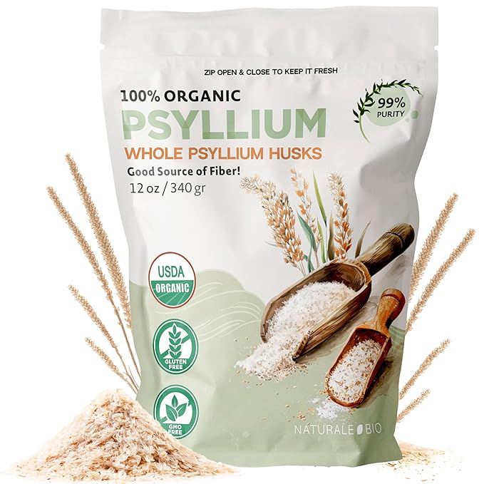 NaturaleBio Whole Psyllium Husk. 12 oz. 99% Pure Psyllium Seed Husks. Natural Fiber Supplement. USDA Organic Certified. Produced in India. Gluten Free, Keto, Paleo, Vegan Diets. Probiotics