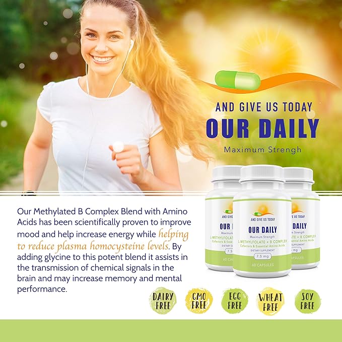 Our Daily Vites L-Methylfolate B Complex Cofactors & Essential Amino Acids (7.5mg) - Active Folate, Methylated B12 Methylcobalamin, B6 and Glycine - 60 Count