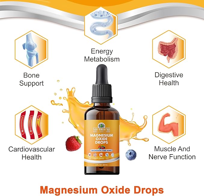 Liquid Magnesium Oxide 400mg Drops - Liquid Magnesium Oxide Supplement for Bone, Muscle, and Heart Health, Sublingual Magnesium Oxide, High Potency, Easy-to-Absorb, 60ml