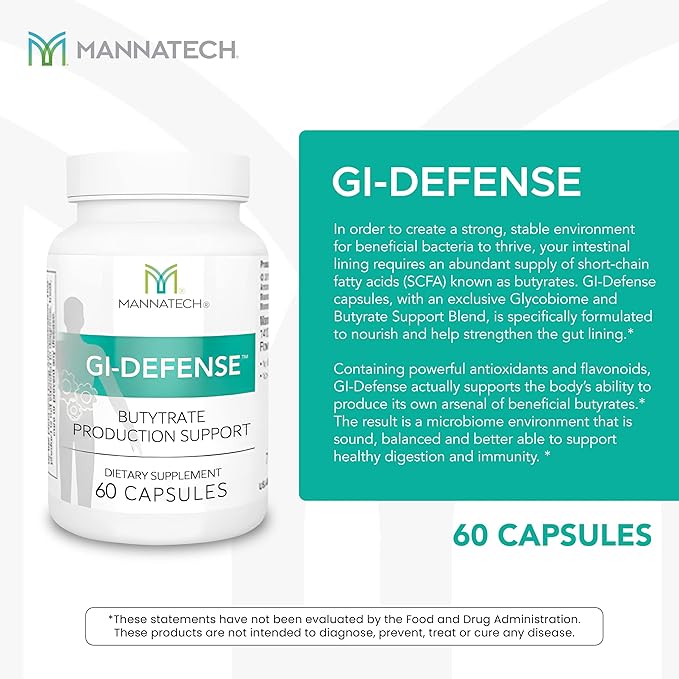 Mannatech Butyrate Supplement - Supports Gut Barrier Function, Intestinal Health, and Digestive Comfort - Promotes Short Chain Fatty Acid Production, Immune Support Supplement GI-Defense 60 Capsules