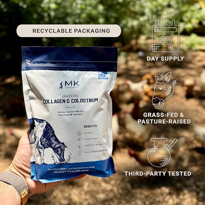 MK Supplements Grass-Fed Collagen & Colostrum Supplement, 45 Servings, Non-GMO, Gluten Free, Supports Gut Health, Immunity, Hair, Skin, Nails, Joints