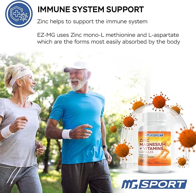 Magnesium Zinc Supplement with Vitamins B6, B9, High Absorption Zinc Magnesium Combination for Immune Support, Muscle Recovery, EZ-MG Easy on Stomach, 120 Capsules