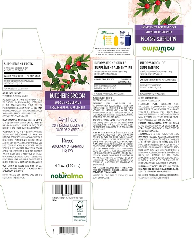 Naturalma Butcher's Broom (Ruscus aculeatus) Root Alcohol-Free Tincture - 4 fl oz Liquid Extract in Drops - Herbal Supplement - Vegan