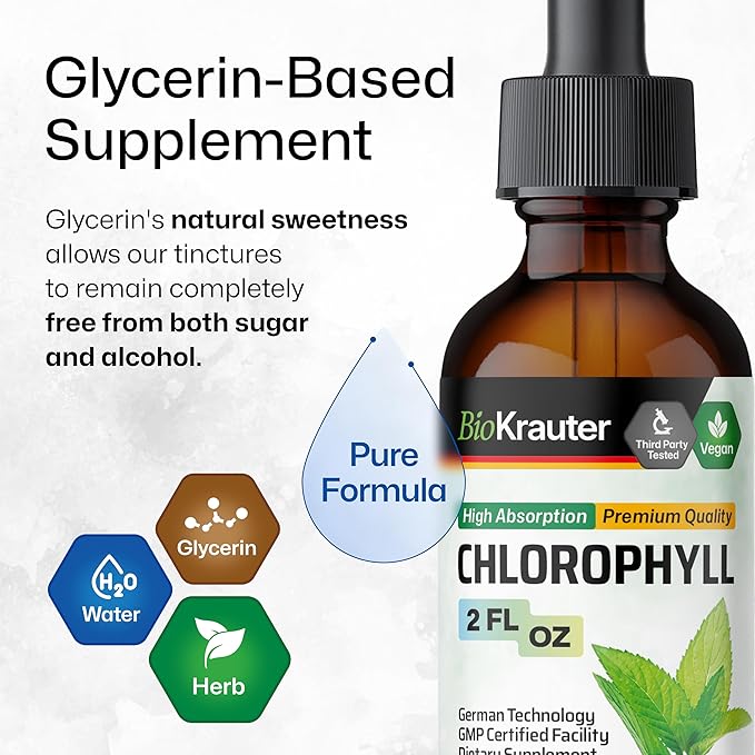 BIO KRAUTER Liquid Chlorophyll Drops - Cleanse & Immune Support - Internal Deodorant - Sodium Copper Chlorophyllin Extract Supplement - 2 fl oz
