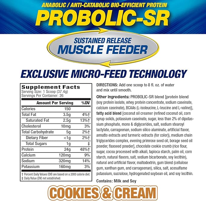 Maximum Human Performance Probolic-SR Sustained Release Protein Powder, 24g Protein, BCAAs, Glutamine, Arginine, Pre-Workout, Post-Workout, Nighttime Protein, 2lbs, 26 Servings, Cookies & Cream